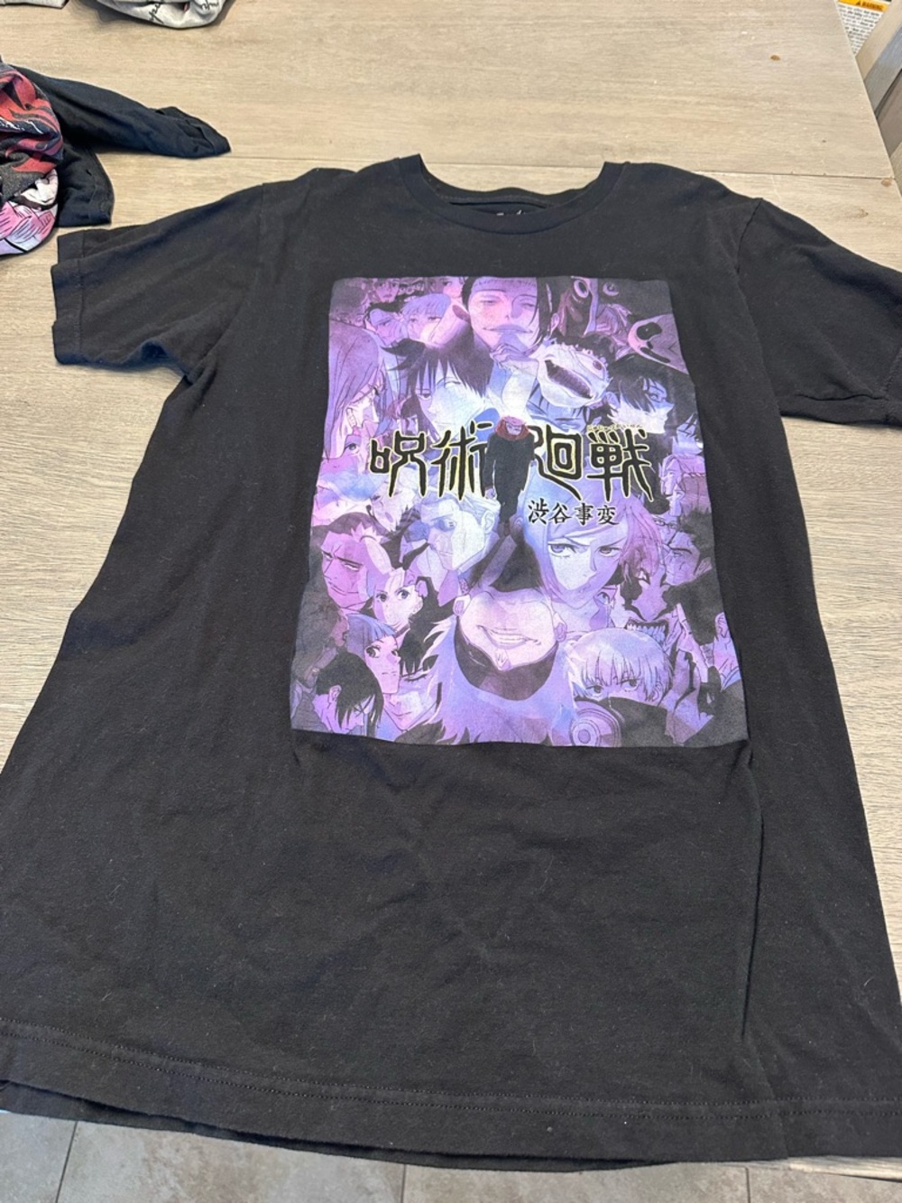 Black Anime Graphic Short Sleeve Tee with Purple Print